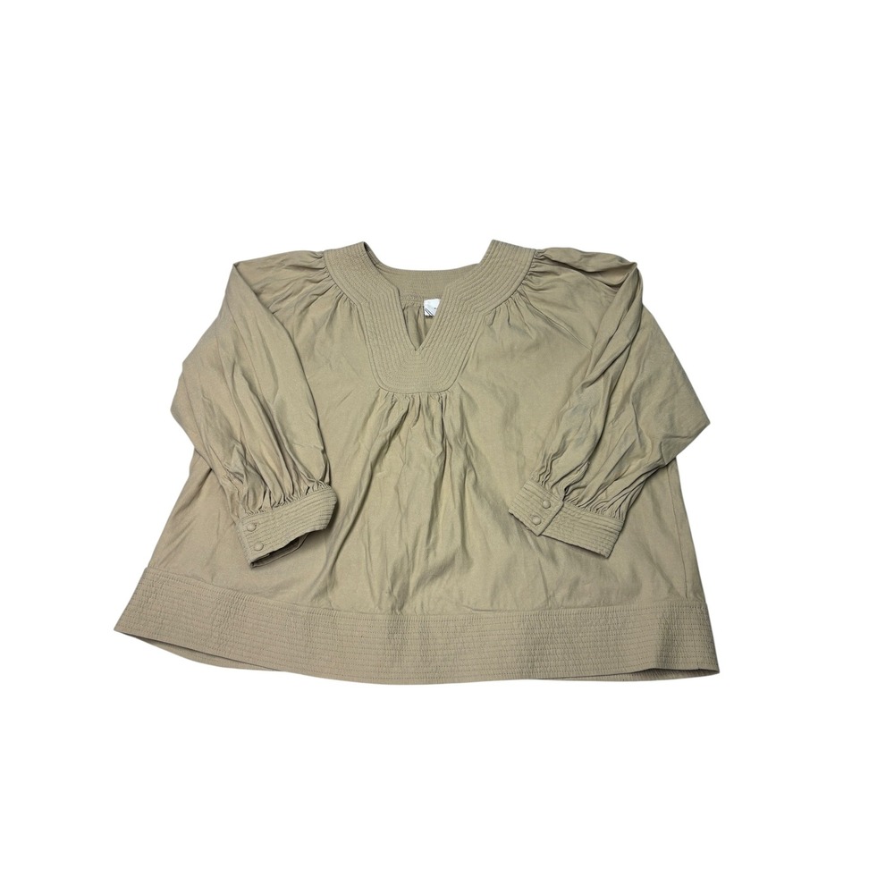 Pomander Place Womens XXL Tan Beige Smocked‎ V-Neck Long Sleeve Blouse